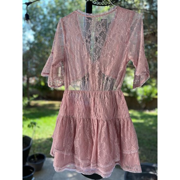 New FREE PEOPLE  Size L Lala Lace Mini Dress $128 Pink Sexy Boho Chic Festival - Picture 16 of 16